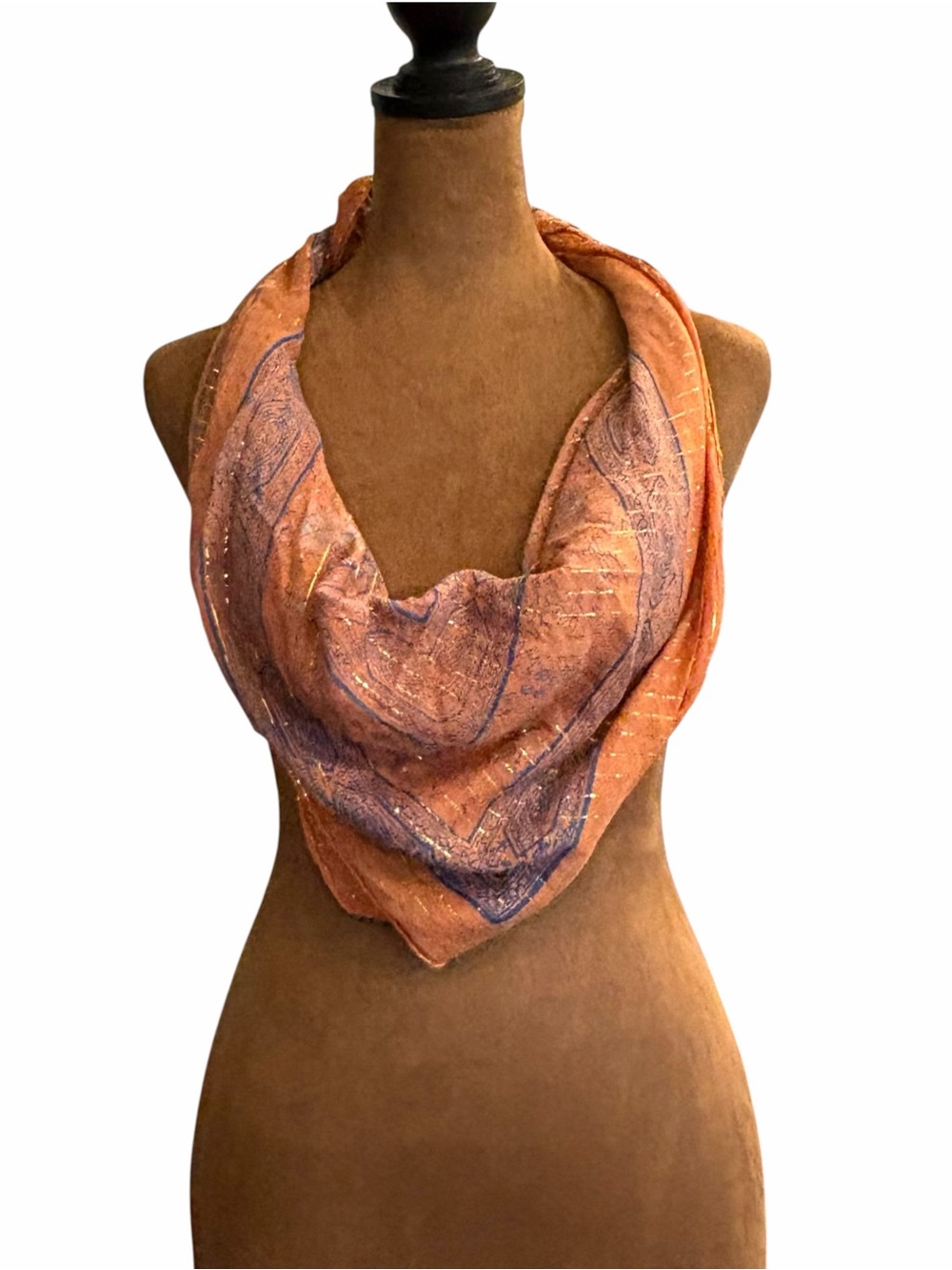 Large Square Scarf 34x34” Gold Metallic Stripes Sunset Colors Paisley Florals